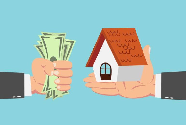 45934805 - hand of businessman with money buying house isolated on blue background